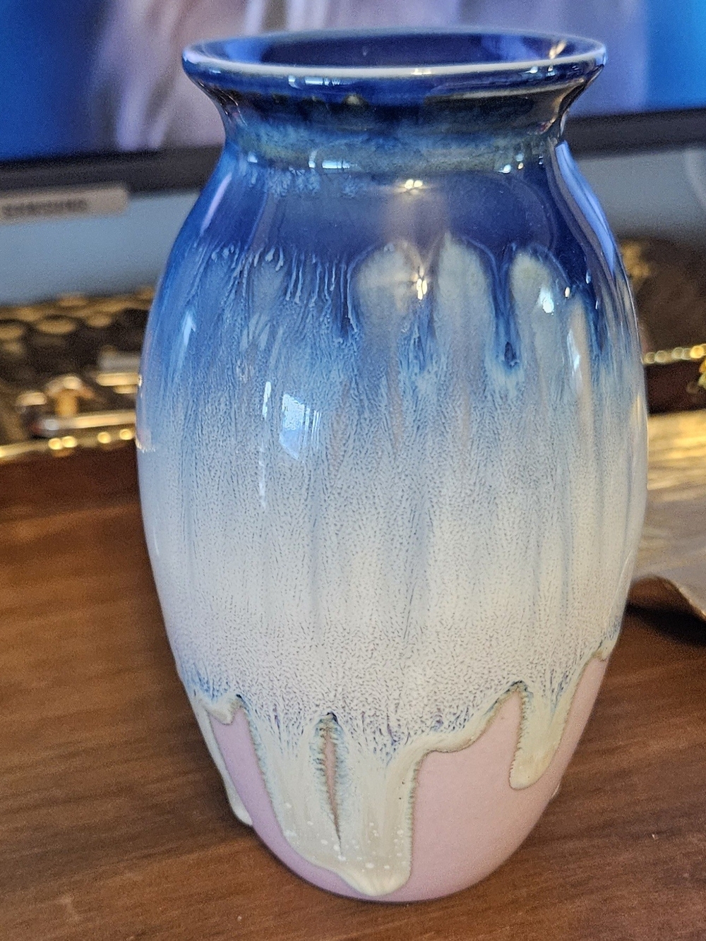 Blue, White & Pink Drip-Glaze Ceramic Vase